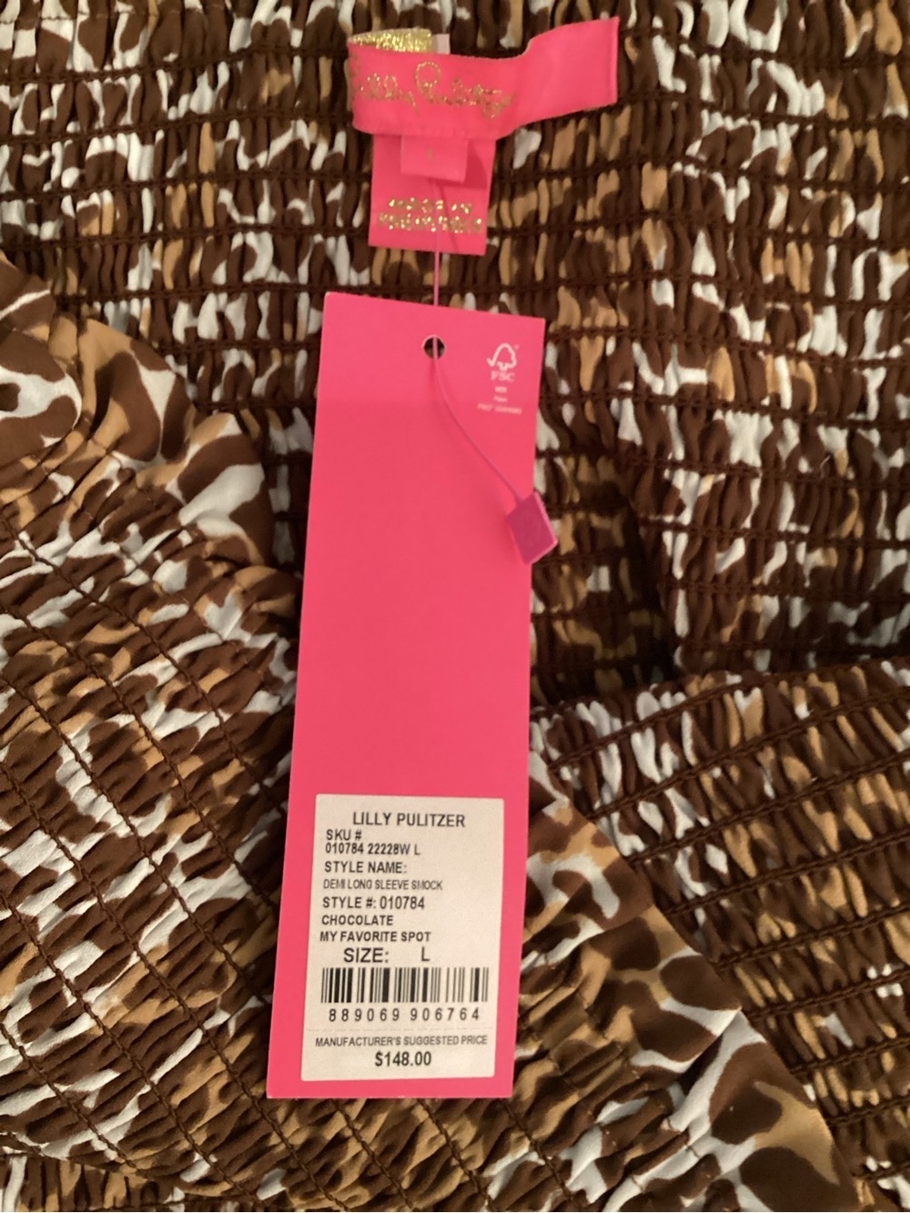Lilly Pulitzer Brown and White Leopard Smocked Square-Neck Blouse - Picture 4 of 4